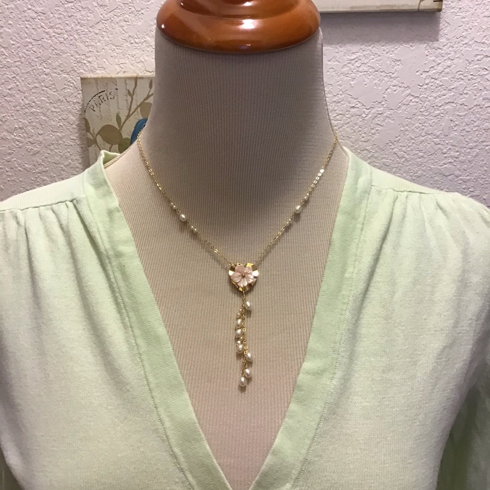 Pink Seed Pearl Flower Drape Necklace Gold